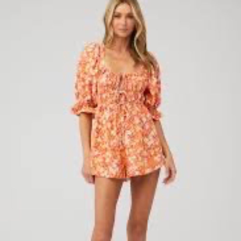 Free People Show‎ Me Love Orange/Yellow Floral Flowy Romper Sz L